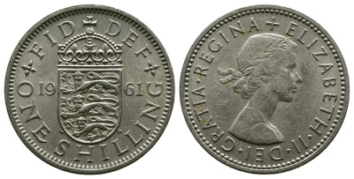 Великобритания 1 шиллинг 1961 Елизавета II (1952-2022), Английский герб KM 904, Spink 4147 медно-никель 4384-434