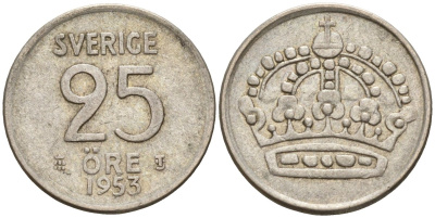 Швеция 25 эре 1953 TS, Густав VI Адольф (1950-1973) KM 824 серебро 4147-1036