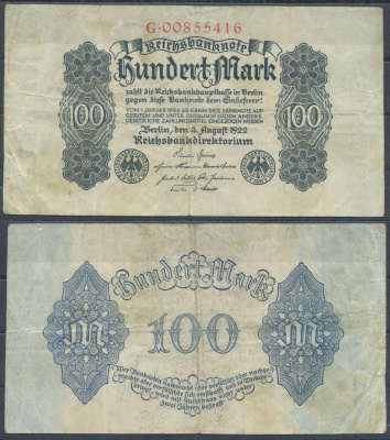 Германия 100 марок 1922 Pick 75 бумага 6285-59-2-1