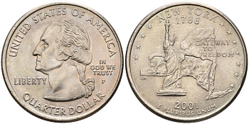США 25 центов = квотер 2001 Р, серия штаты США, Нью-Йорк KM 318 медь плакированная медно-никелем 4586-152