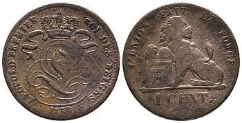 БЕЛЬГИЯ 1 САНТИМ 1859 BELGES KM 1.2 медь 4387-329