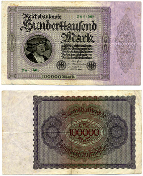 ГЕРМАНИЯ 100000 МАРОК 1923 1 ФЕВРАЛЯ 1923, ВЫПУСК (МАРТ 1923-5 ИЮЛЯ 1925), НОМЕР ШЕСТИЗНАЧНЫЙ, СЕРИЯ 2W 045680 Pick 83, Роземберг 82d бумага 8564-26-2-2