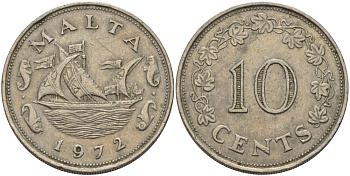 Мальта 10 центов 1972 баржа Великого магистра KM 11 медно-никель 82-446