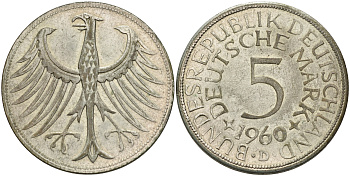 ФРГ 5 марок 1960 D KM 112.1 серебро    115-1236