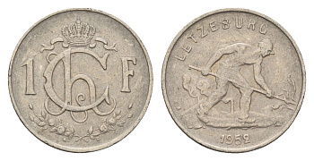 Люксембург 1 франк 1952 сталевар KM 46.2 медно-никель 4674-356
