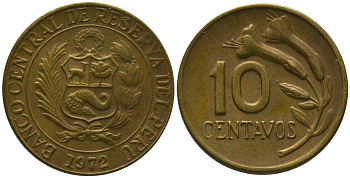 Перу 10 сентаво 1972 KM 245.2, Schon 50 латунь 4532-332