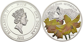 Ниуэ 1 доллар 2012 серия цветы, лилия армянская (Lilies Armenum), цветная эмаль KM NEW серебро PROOF 1080-3-51