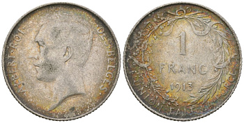 Бельгия 1 франк 1913 DES BELGES, Альберт I (1909-1934) KM 73 серебро 4543-1253