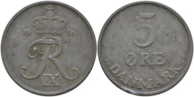 Дания 5 эре 1951 Фредерик IX (1947-1972) KM 843 цинк 4148-242