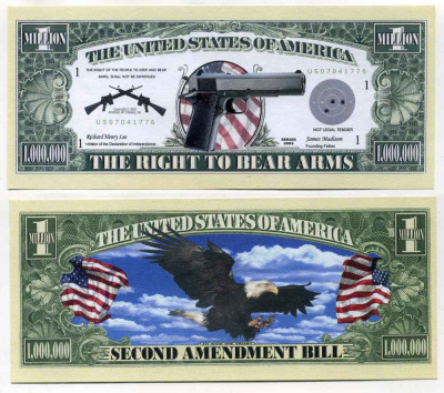 США 1000000 ДОЛЛАРОВ 2002 СУВЕНИРНАЯ БАНКНОТА, ВТОРАЯ ПОПРАВКА БИЛЛЯ О ПРАВАХ, ПРАВО НА НОШЕНИЕ ОРУЖИЯ бумага UNC (ПРЕСС) 8588-66-1-1