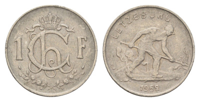 Люксембург 1 франк 1952 сталевар KM 46.2 медно-никель 4674-356