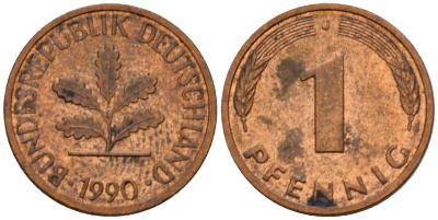 ФРГ 1 пфенниг 1990 J KM 105, J.380 сталь плакированная медью 4602-811