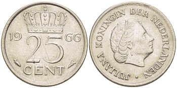 Нидерланды 25 центов 1966 Юлиана (1949-1980) KM 183 никель 3955-154