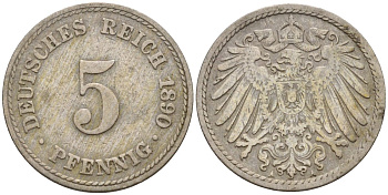 Германия 5 пфеннигов 1890 A KM 11, J. 12 медно-никель 4151-363