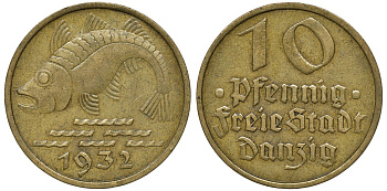 Данциг 10 пфеннигов 1932 рыба J. D 13, KM 152 алюминиевая бронза 72-1756