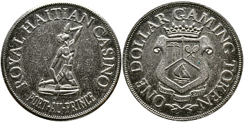 ГАИТИ ИГРОВОЙ ЖЕТОН ND ROYAL HAITIAN CASINO, ТОКЕН 1 ИГРОВОЙ ДОЛЛАР, ПОРТ-О-ПРЕНС, ГАИТИ, ДИАМЕТР 37 ММ. белый металл 00-00