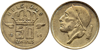 БЕЛЬГИЯ 50 САНТИМОВ 1955 BELGIQUE KM 144 бронза 4392-768