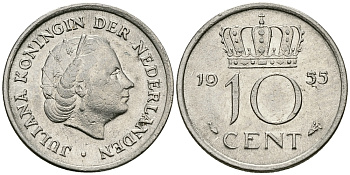 Нидерланды 10 центов 1955 Юлиана (1949-1980) KM 182 никель 96-345