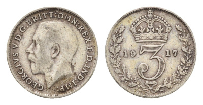 Великобритания 3 пенса 1917 Георг V (1910-1936) KM 813, Spink 4015 серебро 4643-1166