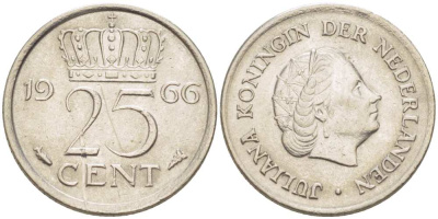 Нидерланды 25 центов 1966 Юлиана (1949-1980) KM 183 никель 3955-154