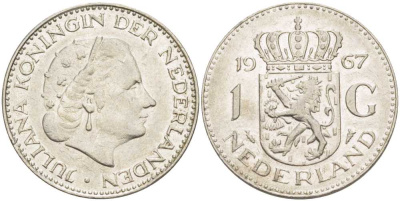 Нидерланды 1 гульден 1967 Юлиана (1948-1980) KM 184а никель 213-951