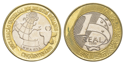 Бразилия 1 реал 1998 50 лет Декларации Прав Человека KM 653 биметалл UNC 00-810-14