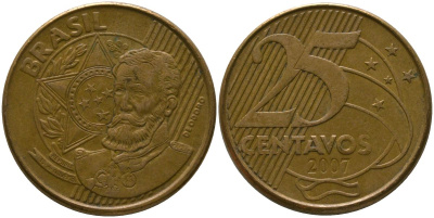 Бразилия 25 сентаво 2007 KM 650, Schon 158 сталь плакированная бронзой 4525-414