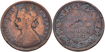 Британская Индия 1/4 анна 1883 Виктория (1837-1901) KM 486 бронза 28-533