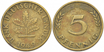 ФРГ 5 ПФЕННИГОВ 1949 G KM 102, J. 377 сталь плакированная латунью 4532-614