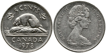 Канада 5 центов 1973 бобр, Елизавета II (1952-) KM 60.1 никель 4543-633