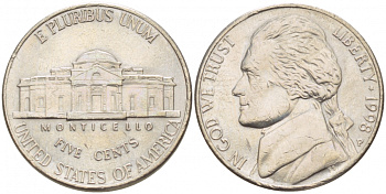 США 5 ЦЕНТОВ 1998 P ДЖЕФЕРСОН KM А192 медно-никель 4546-1226