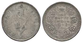 Британская Индия 1 рупия 1942 подделка в ущерб обращению, Георг VI (1936-1952) тип KM 557 беллый металл 4645-642