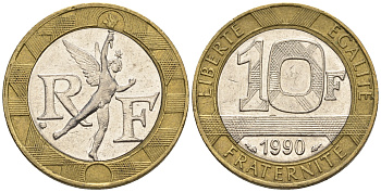 Франция 10 франков 1990 тип Гений Бастилии KM 964.1, Le Frank 375.5 биметалл 85-131
