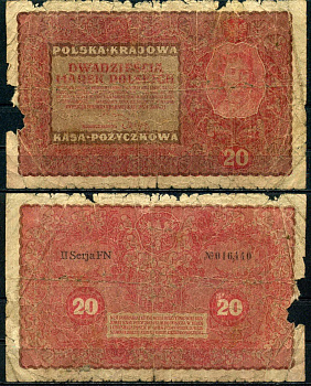 Польша 20 марок 1919 Pick 26 (2) бумага 6283-13-1-2