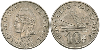 Французская Новая Каледония 10 франков 2012 рыбачья парусная лодка, (IEOM) KM 11a, Schoen 13a, Lec 99k медно-никель 65-546