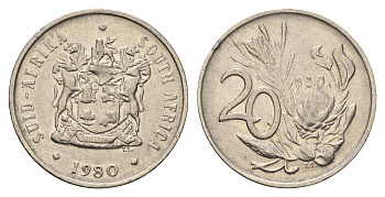 ЮАР 20 центов 1980 герб, цветок протея KM 86 никель 4114-651