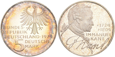 ФРГ 5 марок 1974 D, 250 лет со дня рождения Иммануила Канта KM 139 серебро PROOF 02-251-52