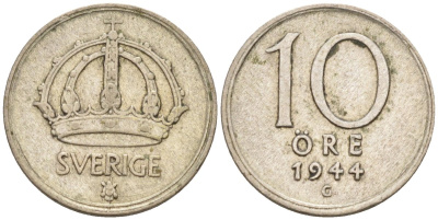 Швеция 10 эре 1944 Густав V (1907-1950) KM 813 серебро 4585-345