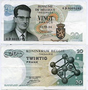 Бельгия 20 франков 1964 Бодуэн I, атомиум, Kestens Pick 138 (3) бумага 7207-49-3