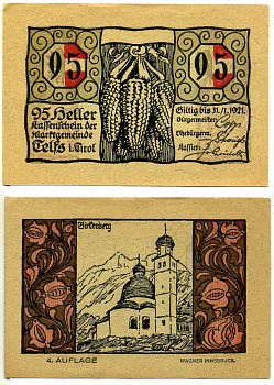 ТЕЛЬФС, Австрия 95 геллеров 1921 31 января 1921, нотгельд, ЧЕТВЁРТЫЙ выпуск, ЗЕМЛЯ ТИРОЛЬ бумага 7523-12-1-2