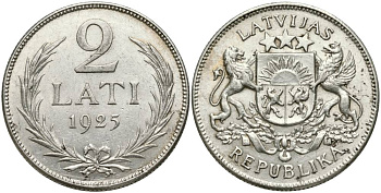 Латвия 2 лата 1925 Первая Республика (1918-1939) KM 8 серебро 27-1243