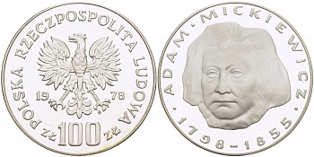 Польша 100 злотых 1978 MW, Адам Мицкевич (1798-1855) KM 92 серебро PROOF 1082-1-31