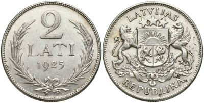 Латвия 2 лата 1925 Первая Республика (1918-1939) KM 8 серебро 27-1243