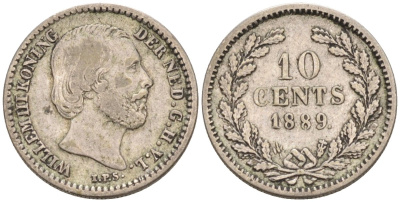 Нидерланды 10 центов 1889 Виллем III (1849-1890) KM 80 серебро 1528-422