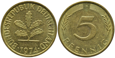 ФРГ 5 ПФЕННИГОВ 1974 F KM 107, J.382 сталь плакированная латунью 4178-328