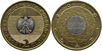 Польша 2 злотых 2000 MW, миллениум KM 374 биметалл UNC 4521-816
