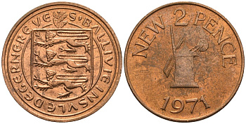 Гернси 2 пенса 1971 Ветряная мельница KM 22 бронза  aUNC  4610-444