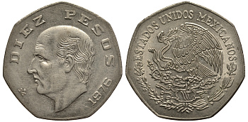 МЕКСИКА 10 ПЕСО 1976 МАНУЭЛЬ ХИДАЛЬГО КАСТИЛЬЯ KM 477.1 медно-никель VF 215-944