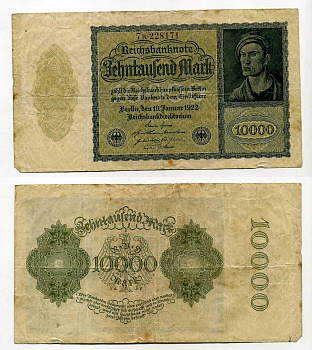 ГЕРМАНИЯ 10000 МАРОК 1922 19 ЯНВАРЯ 1922, АЛЬБРЕХТ ДЮРЕР, РАЗМЕРЫ 180 Х 100 ММ. Pick 72 бумага 8610-17-1-2