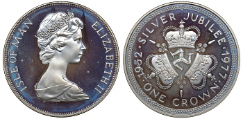 Остров Мэн 1 крона 1977 серебряный юбилей правления королевы Елизаветы II, три короны, в оригинальной коробке KM 41а серебро PROOF 7-4-1-43